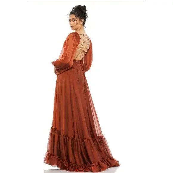 NEW Mac Duggal 67948 Pleated Cut Out Long Sleeve Lace Up Copper Gown 2 - Picture 3 of 8